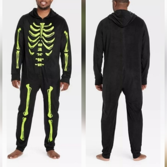 Hyde and Eek! Men's Halloween, Black and Green Glow In The Dark, Skeleton Zipup - Picture 1 of 4